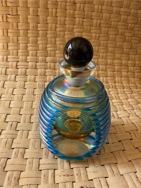 Blue Iridescent Vintage Art Glass Perfume Glass Decorative Bottle Black Stopper